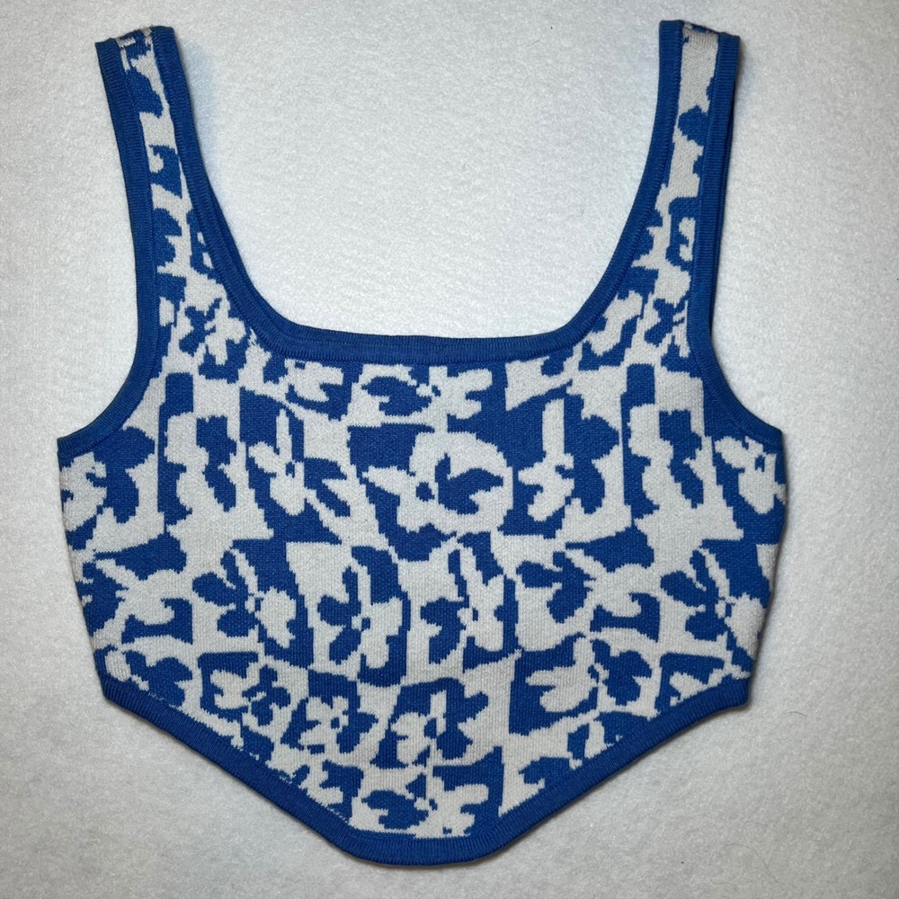 American Eagle Blue White Floral Knit Corset Coquette Top Handkerchief Hem Med